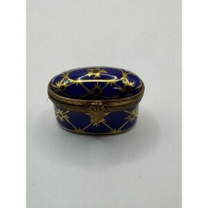 Peint Main Limoges France‎ Trinket Pill Box Porcelain Blue Gold Starburst French